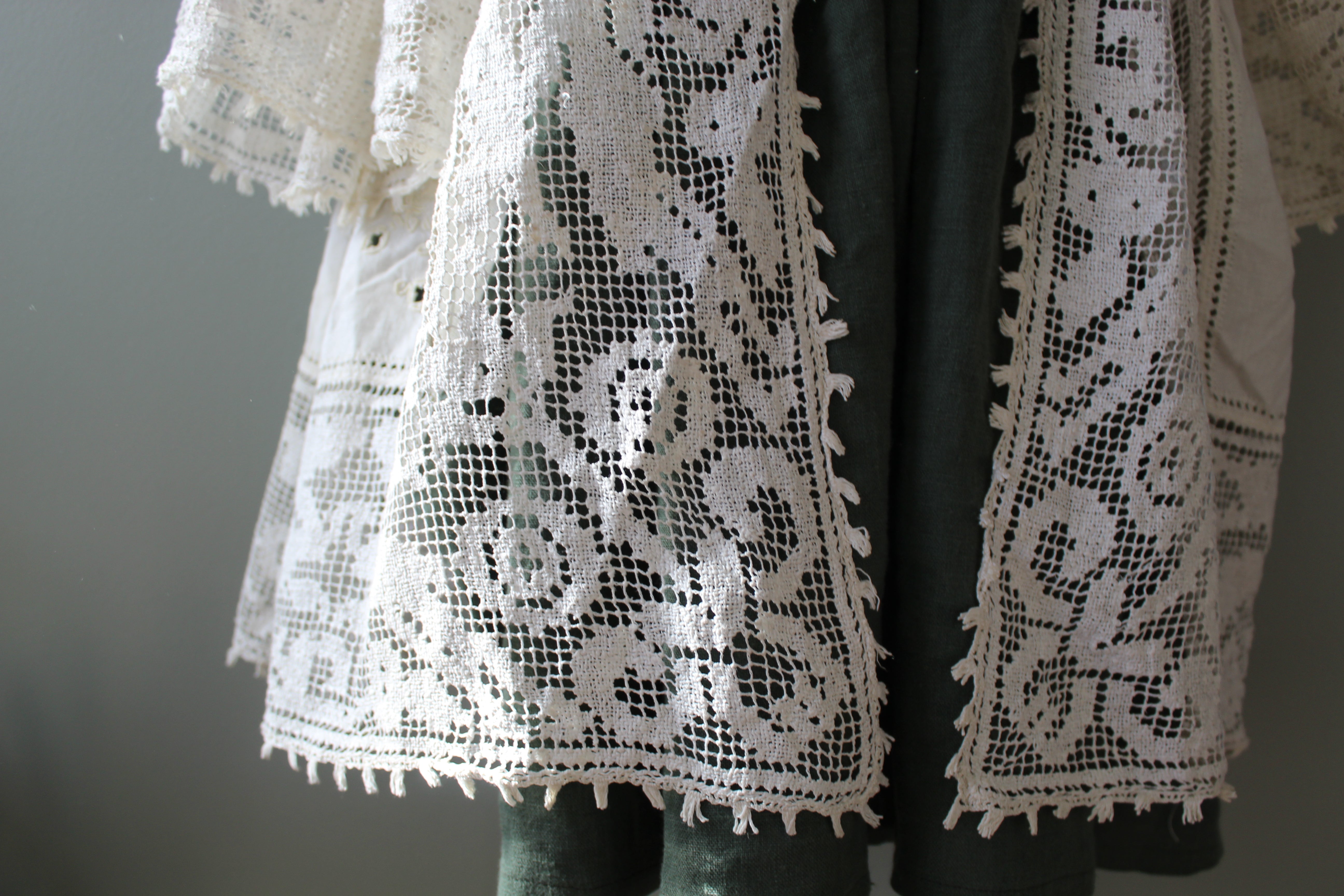 Close-up of a lace garment with intricate patterns on a plain background