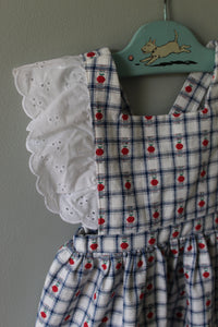Plaid dress with red polka dots and white lace trim on a gray background