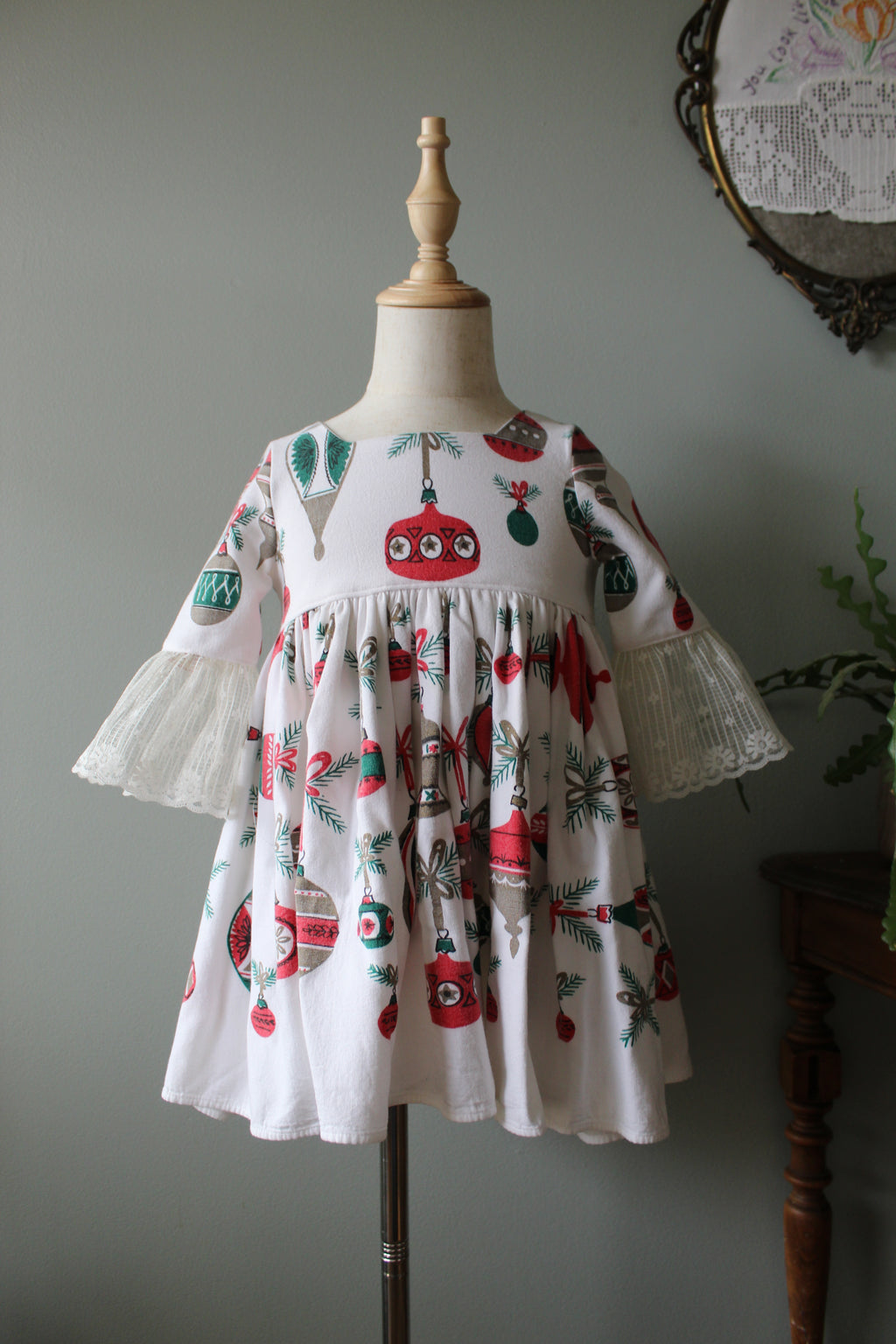 Toddler christmas dress made from vintage christmas tablecloth
